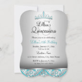 Blauwgroen Silver Damask Tiara Quinceanera Invite Kaart (Voorkant)
