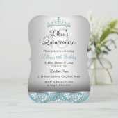 Blauwgroen Silver Damask Tiara Quinceanera Invite Kaart (Staand voorkant)
