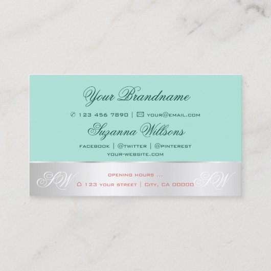 Blauwgroen Silver Decor Cute Roos Flower met Monog Visitekaartje (Achterkant)