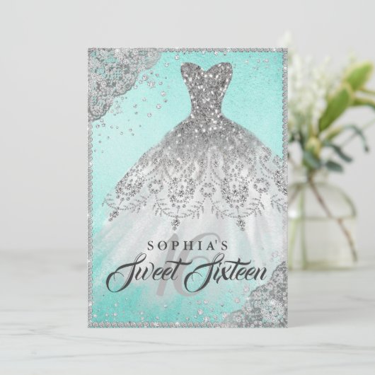 Blauwgroen Silver Diamond Sparkle Gown Sweet Sixte Kaart (Staand voorkant)