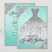 Blauwgroen Silver Diamond Sparkle Gown Sweet Sixte Kaart (Voorkant / Achterkant)