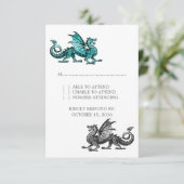 Blauwgroen Silver Dragon Wedding Response Kaart (Staand voorkant)