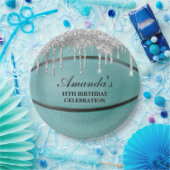 Blauwgroen Silver Drip Basketball Papieren Bordje (Feest)