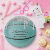Blauwgroen Silver Drip Basketball Papieren Bordje (Feest)