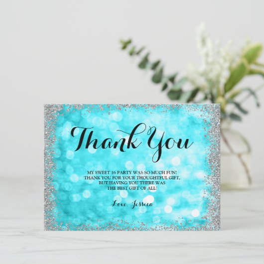 Blauwgroen Silver Faux Glitter Lights Sweet 16 Bedankkaart (Staand voorkant)