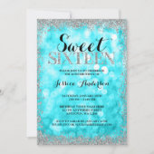 Blauwgroen Silver Faux Glitter Lights Sweet 16 ver Kaart (Voorkant)