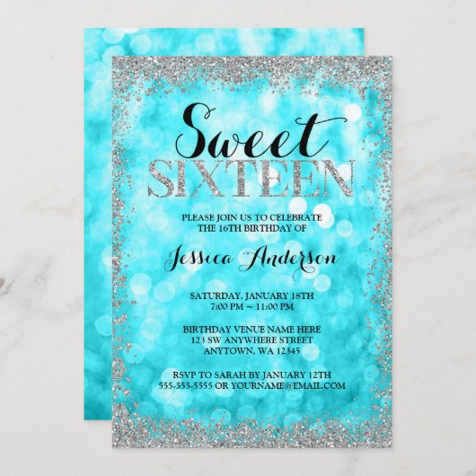 Blauwgroen Silver Faux Glitter Lights Sweet 16 ver Kaart (Voorkant / Achterkant)