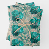  Blauwgroen Silver Floral Damask Patroon Inpakpapier Vel (In situ)
