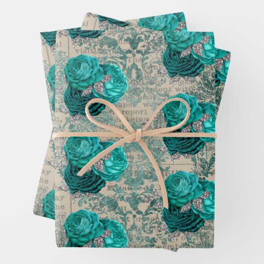  Blauwgroen Silver Floral Damask Patroon Inpakpapier Vel (In situ)