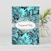 Blauwgroen Silver Floral Swirl Engagement Party Kaart (Staand voorkant)