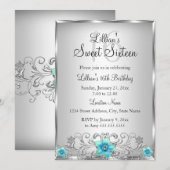 Blauwgroen Silver Floral Swirl Sweet 16 Uitnodigin Kaart (Voorkant / Achterkant)