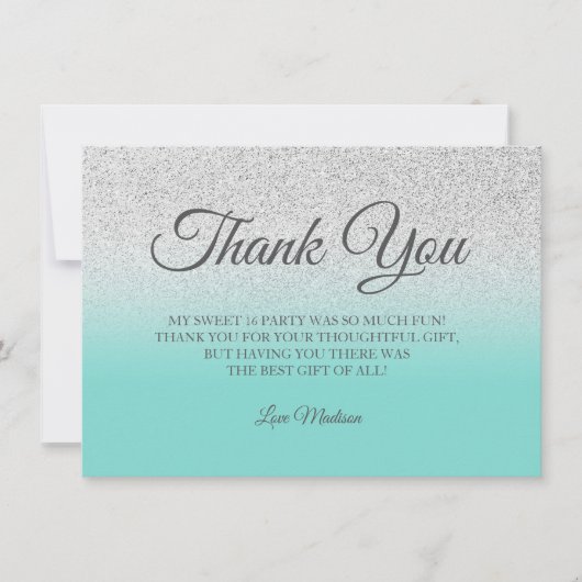 Blauwgroen Silver glitter blauw groen dank je Swee Bedankkaart (Voorkant)