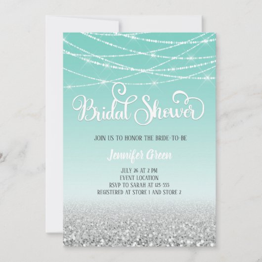 Blauwgroen Silver Glitter Bridal Shower-uitnodigin Kaart (Voorkant)