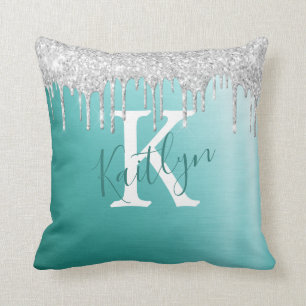 Blauwgroen Silver Glitter Brushed Metal Monogram S Kussen