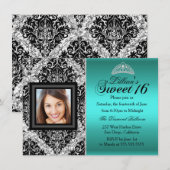 Blauwgroen Silver Glitter Damask Photo Sweet 16 Kaart (Voorkant / Achterkant)