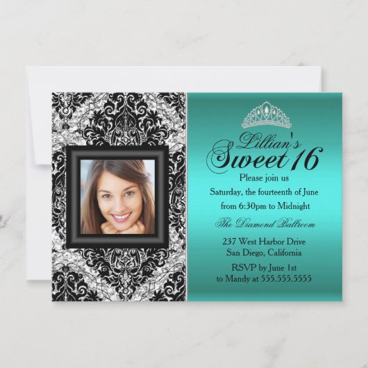 Blauwgroen Silver Glitter Damask Photo Sweet 16 Kaart (Voorkant)