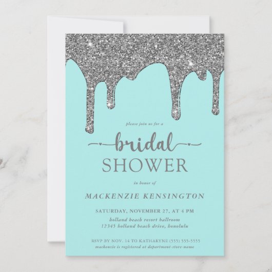 Blauwgroen Silver Glitter Drift Bridal Shower Uitn Kaart (Voorkant)
