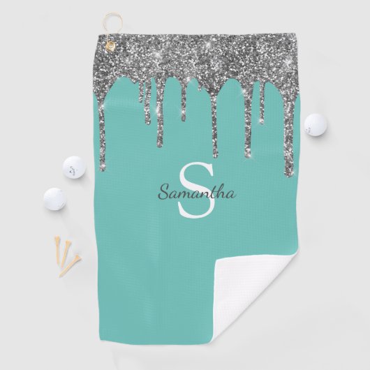 Blauwgroen Silver Glitter Drift Sparkle Monogram N Golfhanddoek (Insitu)