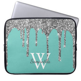 Blauwgroen Silver Glitter Drift Sparkle Monogram N Laptop Sleeve