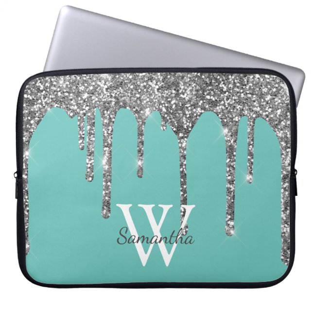 Blauwgroen Silver Glitter Drift Sparkle Monogram N Laptop Sleeve (Voorkant)