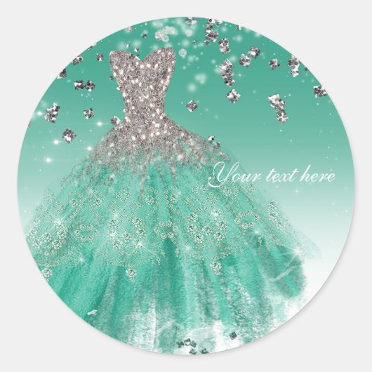 Blauwgroen & Silver Glitter Glamour Jurk Verjaarda Ronde Sticker (Voorkant)