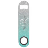 Blauwgroen Silver Glitter Look Ombre Monogram Speed Flessenopener (Achterkant)