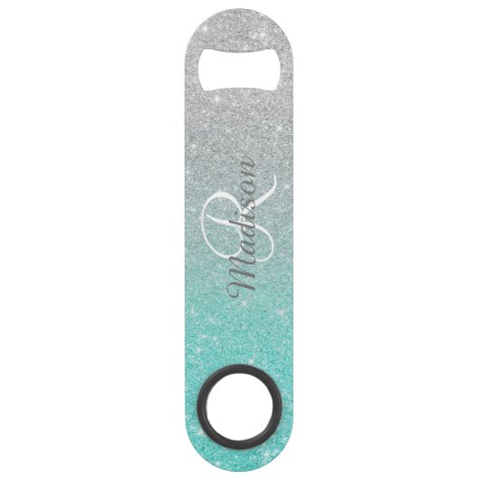 Blauwgroen Silver Glitter Look Ombre Monogram Speed Flessenopener (Voorkant)