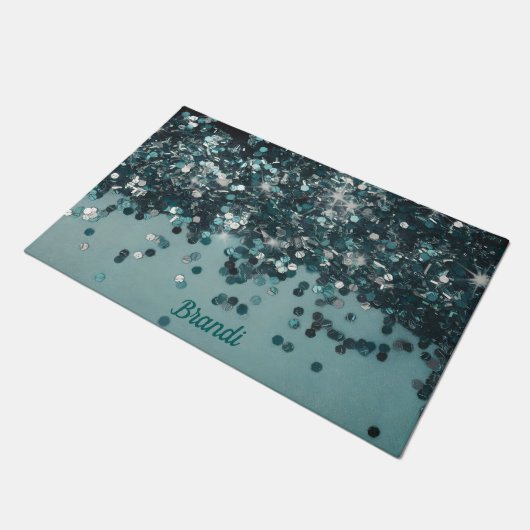 Blauwgroen Silver Glitter Naam Deur Mat (Schuin)