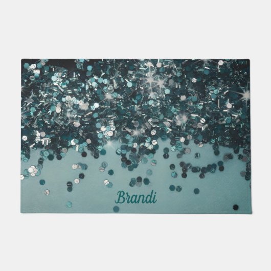 Blauwgroen Silver Glitter Naam Deur Mat (Voorkant)