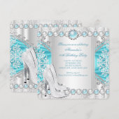 Blauwgroen Silver High Heels White Pearl Birthday  Kaart (Voorkant / Achterkant)