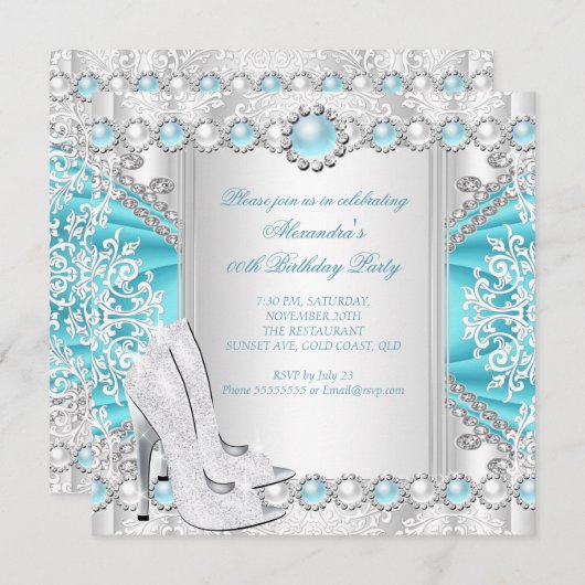 Blauwgroen Silver High Heels White Pearl Birthday  Kaart (Voorkant / Achterkant)