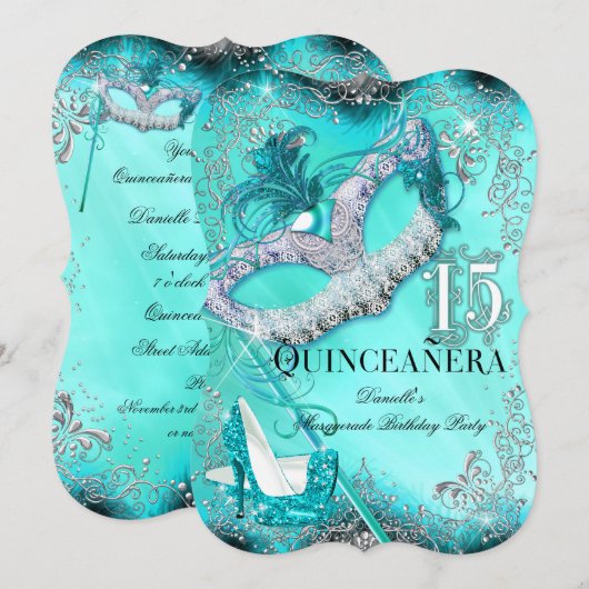 Blauwgroen Silver Masquerade Quinceanera Birthday  Kaart (Voorkant / Achterkant)