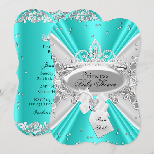 Blauwgroen Silver Princess Tiara Baby shower Invit Kaart (Voorkant / Achterkant)