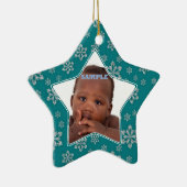 Blauwgroen Silver Snowflakes Fotosjabloon voor Ker Keramisch Ornament (Rechts)