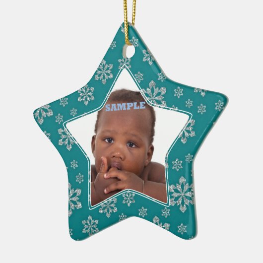 Blauwgroen Silver Snowflakes Fotosjabloon voor Ker Keramisch Ornament (Links)