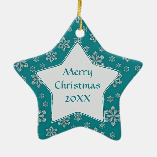 Blauwgroen Silver Snowflakes Fotosjabloon voor Ker Keramisch Ornament (Achterkant)