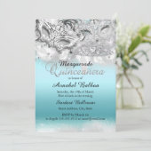 Blauwgroen Silver Sparkle Masquerade Quinceanera I Kaart (Staand voorkant)