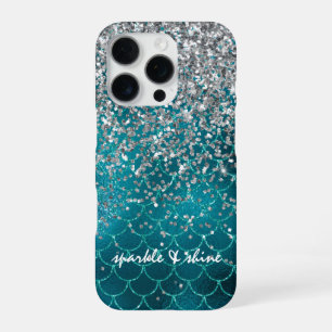Blauwgroen Silver Sparkle Mermaid gepersonaliseerd iPhone 16 Pro Hoesje
