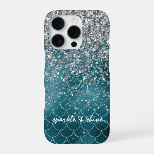 Blauwgroen Silver Sparkle Mermaid gepersonaliseerd iPhone Hoesje (Achterkant)