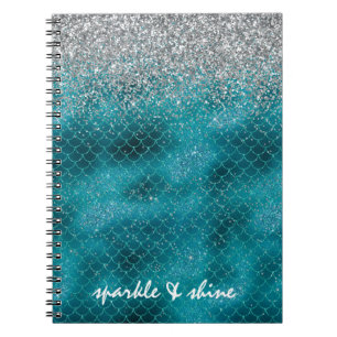 Blauwgroen Silver Sparkle Mermaid gepersonaliseerd Notitieboek