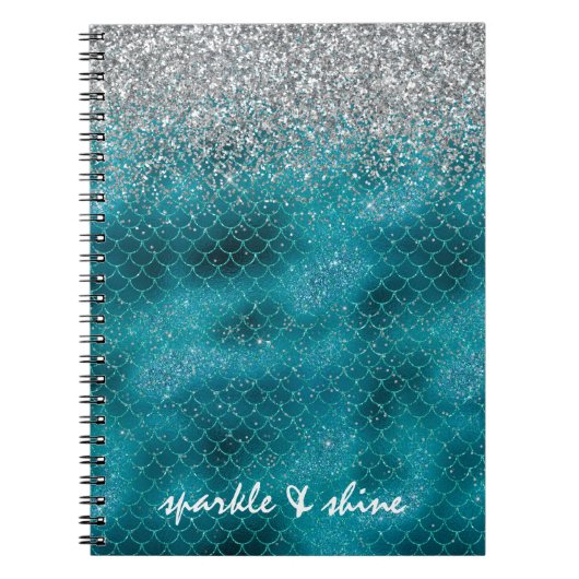 Blauwgroen Silver Sparkle Mermaid gepersonaliseerd Notitieboek (Voorkant)