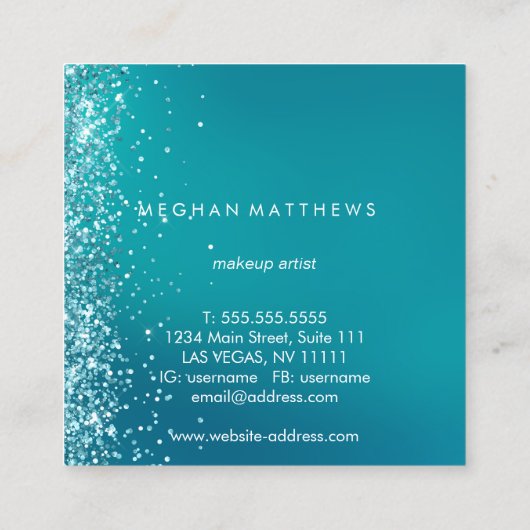 Blauwgroen Silver Sparkle Splashes Beauty Stylist Vierkante Visitekaartje (Achterkant)