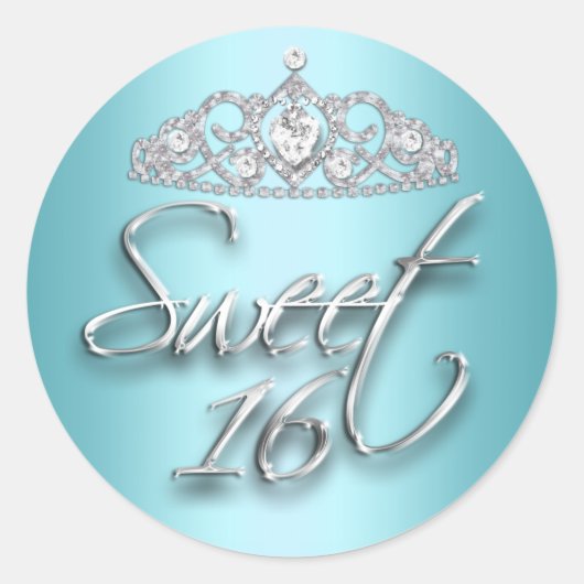 Blauwgroen & Silver Sparkle Tiara Sweet 16 Sticker (Voorkant)