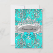 Blauwgroen Silver Tiara Damask Quinceanera Invite Kaart (Voorkant)