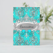 Blauwgroen Silver Tiara Damask Quinceanera Invite Kaart (Staand voorkant)
