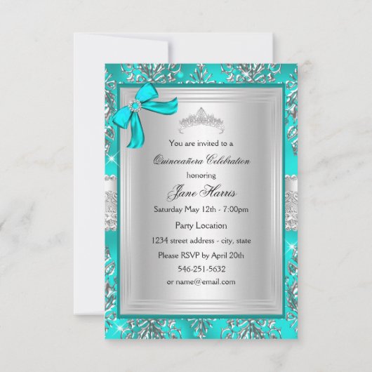 Blauwgroen Silver Tiara Damask Quinceanera Invite Kaart (Achterkant)