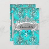 Blauwgroen Silver Tiara Damask Quinceanera Invite Kaart (Voorkant / Achterkant)