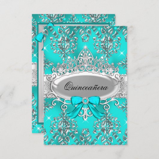 Blauwgroen Silver Tiara Damask Quinceanera Invite Kaart (Voorkant / Achterkant)