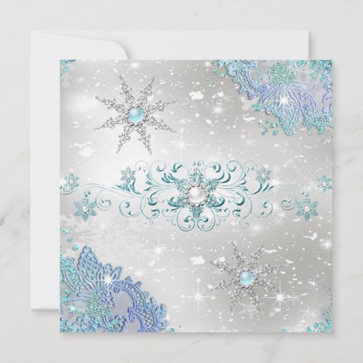 Blauwgroen Silver Winter Wonderland Snowflakes Par Kaart (Achterkant)