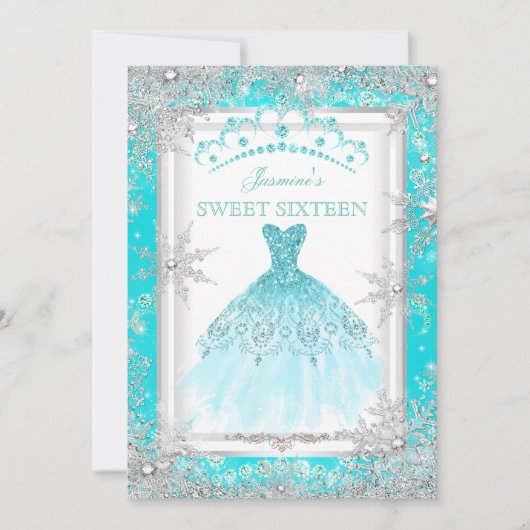 Blauwgroen Silver Winter Wonderland Sweet 16 Party Kaart (Voorkant)